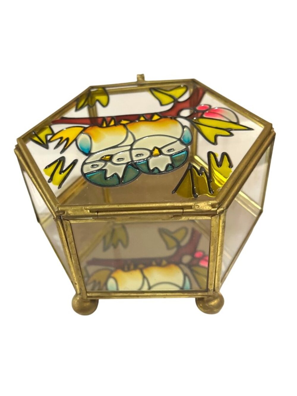Hexagonal Stained Glass Jewelry Box With Owl Design & Brass Accents - Picture 6 of 7